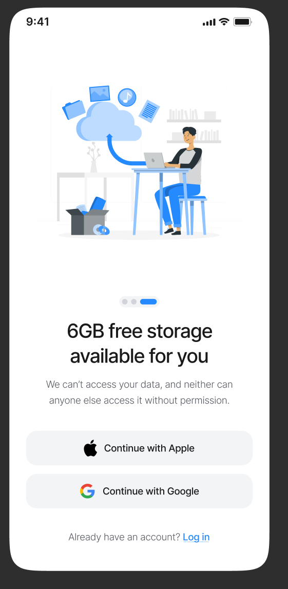 RacDoc app — 6GB free storage onboarding screen