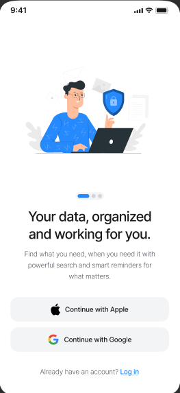 RacDoc app onboarding screen for organized documents and smart reminders
