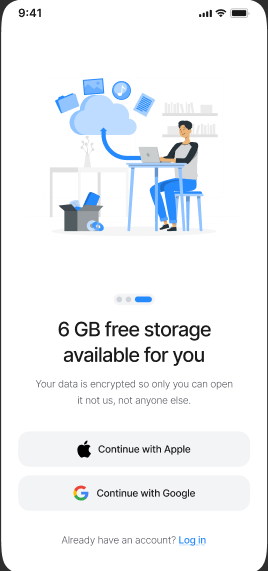 RacDoc app onboarding screen offering 6 GB of free encrypted storage